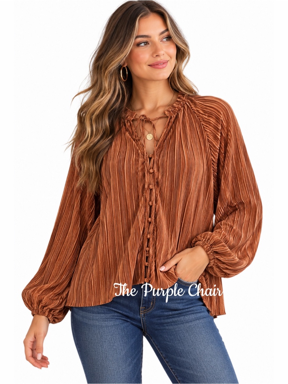 DAYTIP NWT Copper Satin Pleated Button Down Blouse XS